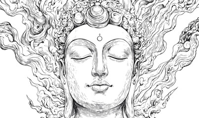 Buddha head with flowing hair, serenity and calm icons set, linear vector.