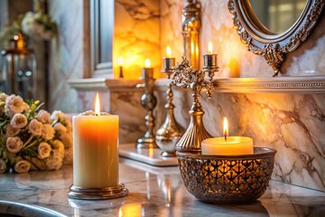 Obraz premium Art Deco marble bathroom counter, candlelight flicker.
