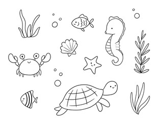 Vector isolated cute cartoon swimming sea turtle, crab and seahorse, black and white contour outline drawings set