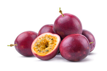 Passion fruit with cut in half isolated on white.