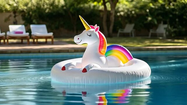 Colorful unicorn float in a serene pool setting surrounded by lush greenery and lounge chairs