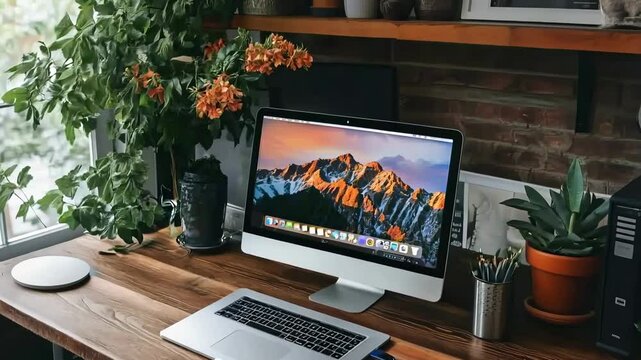 A beautifully arranged workspace filled with lush greenery and soft lighting inspires creativity.