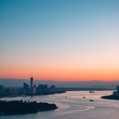 Fototapeta premium Serene twilight view of a city skyline along a river, with mountains in the background and boats