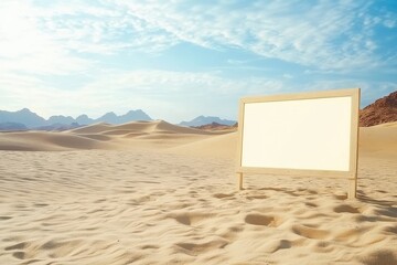 Empty White Signboard in Desert Landscape with Blue Sky Background