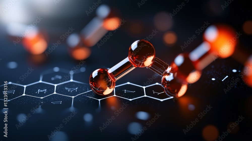 Poster abstract microscopic view of molecular structures with glowing atoms and hexagonal shapes