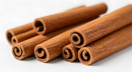 Close-up of Aromatic Cinnamon Sticks, Rolled and Stacked on White Background