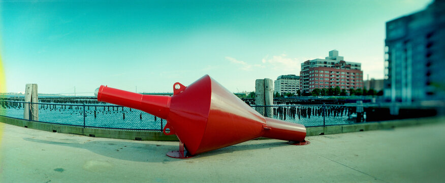 Panoramic view of sculpture at the riverside, Staten Island, New York City, New York State, USA.