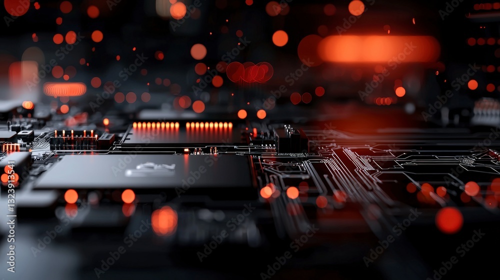 Poster abstract close-up of computer circuitry with glowing lights in orange tones and intricate patterns f