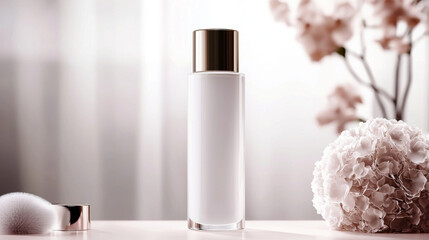 Sleek white pump bottle on elegant vanity with flowers and soft light