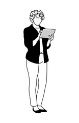 Business woman standing full length, working on digital tablet. Modern vector outline hand drawn line art illustration for graphic, web design. Isolated on transparent background.