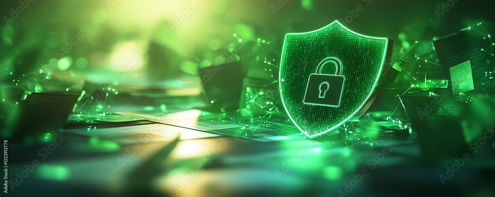 Poster secure data flow concept with shield and padlock icon on bright background, showcasing green interco