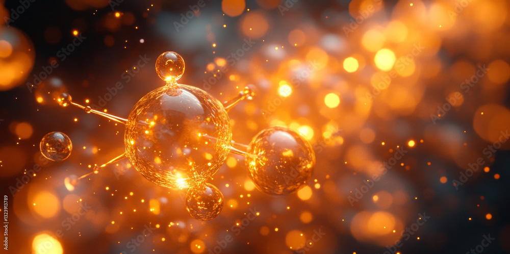 Fototapete Complex quantum particles are depicted with intricate glowing orbs representing qubits. These particles interact in states of superposition, showcasing entanglement amid a dynamic background.