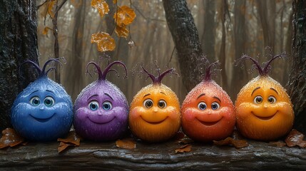 Five Cute Cartoon Characters in Autumn Forest Happy Faces 3D Render