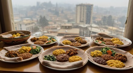 Fototapeta premium Ethiopian Cuisine Presentation on Injera Bread with Cityscape Background