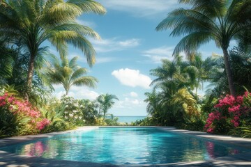 Fototapeta premium Tranquil tropical pool scene with ocean view.