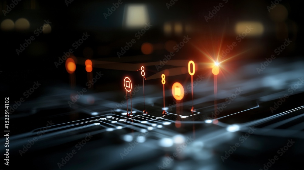 Poster abstract circuit board background with glowing icons and data flow in digital technology concept