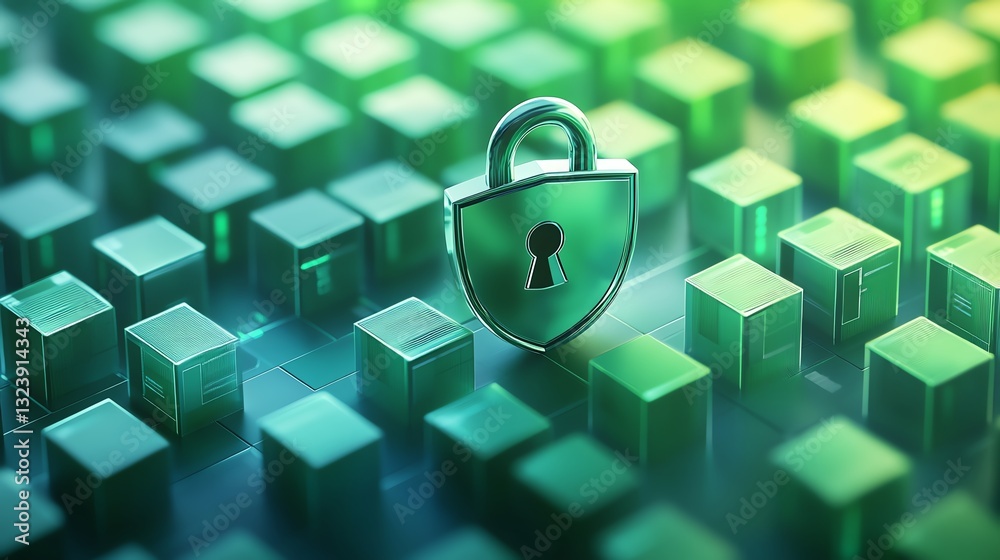 Poster 3d rendering of secure data flow with shield and padlock icon, green interconnected documents on bri