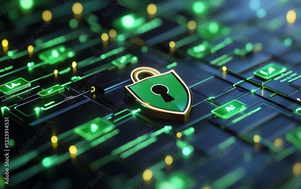 Poster 3d rendering of secure data flow with shield and padlock icon, green interconnected documents on bri