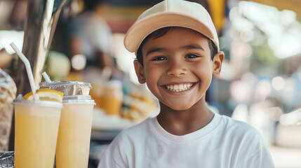A child selling lemonade at a colorful stand with a painted sign