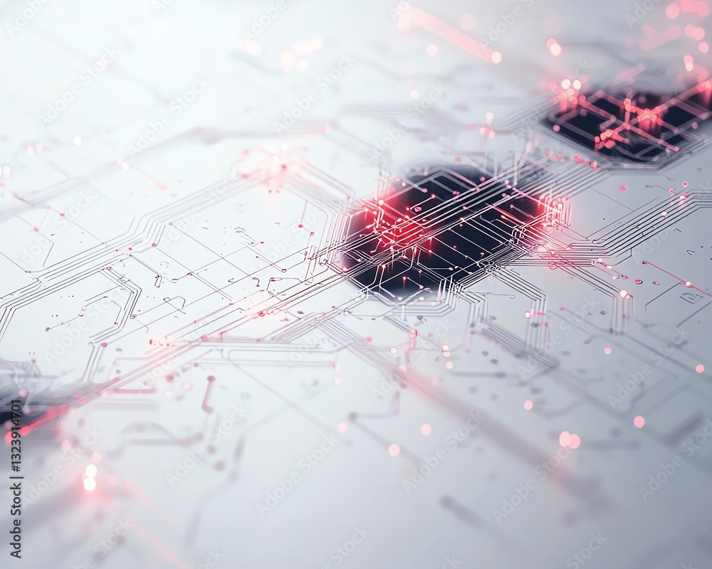 Poster abstract ai brain circuit with digital tech elements on light background, glowing neural pathways, f