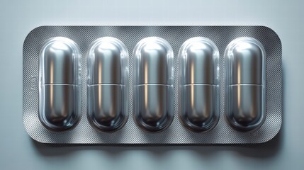 Pharmaceutical Capsules: A close-up shot of a blister pack containing several silver-colored capsules, representing health, medication, and pharmaceutical themes.