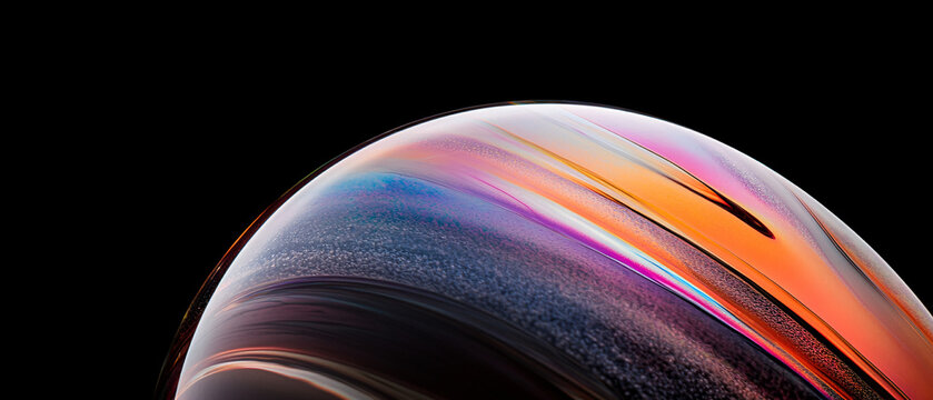 abstract iridescent sphere with swirling colors of orange blue and purple against a black background resembling a cosmic or futuristic planet
