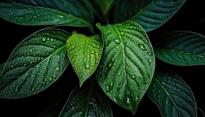 Fototapeta premium Lush Green Leaves with Water Droplets – A Refreshing Nature Close-Up