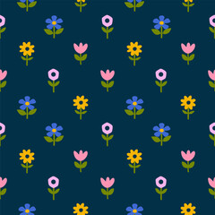 Colorful vintage floral seamless pattern illustration. Retro nature-inspired background in hand-drawn style. Spring season decorative texture, perfect for textile and print designs