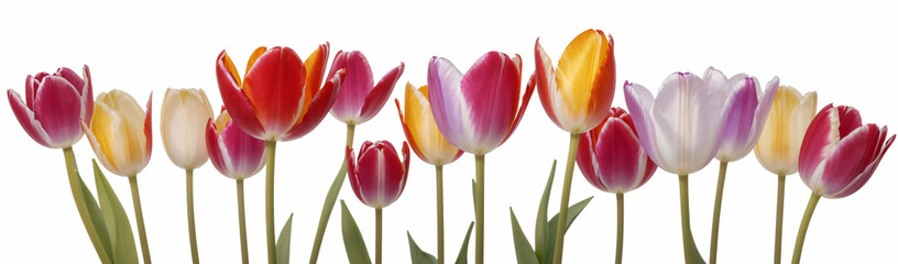 "Experience the elegance of spring.  
Vivid tulips gracefully arranged against a pure white background,  
highlighting the delicate beauty of seasonal blooms."