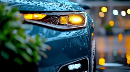 Close-Up of a Modern Car Headlight and Turn Signal with Rain Drops on the Surface and Blurred Background of Urban Environment