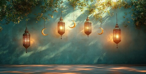 Elegant Minimalist Islamic Frame Design with Lanterns Crescent Moons and Stars