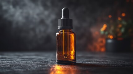 Essential Serum: A minimalist presentation showcases a bottle of golden serum, evoking a sense of purity and sophistication, enhanced by strategic lighting, embodying the essence of care and wellness.