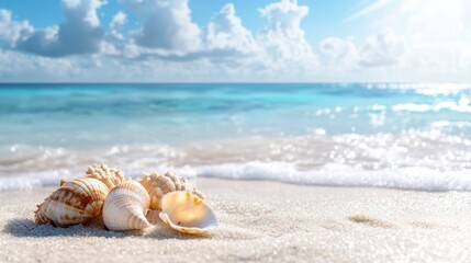 Beautiful Shells on Sandy Beach with Calm Ocean and Blue Sky