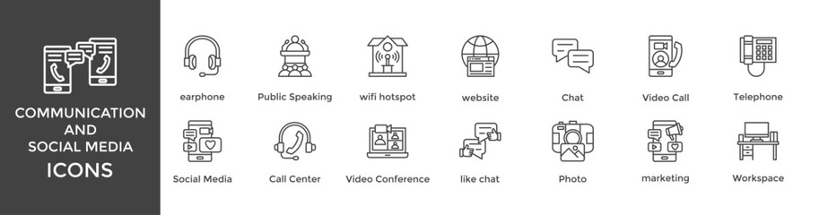 communication and social media icon set. with icon Public Speaking, communication, wifi hotspot, website, Chat, Video Call