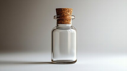 Elegant Glass Bottle with Cork: a close-up studio shot captures a minimalist glass bottle, its transparent form contrasting with the textured cork stopper, inviting a sense of curiosity and potential.