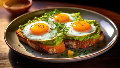 Delicious Breakfast Plate &ndash; Fried Eggs on Toast with Avocado and Herbs