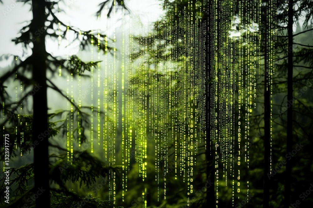 Poster a digital rain of green binary code cascading through a serene forest landscape, creating a surreal 