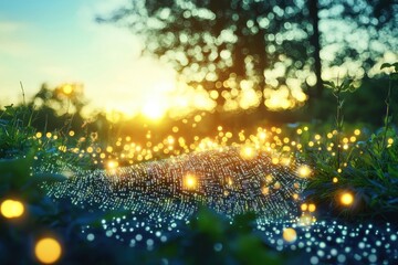 Enchanting landscape at sunset featuring a digital meadow illuminated by glowing lights, creating a magical and ethereal atmosphere with abstract art elements.