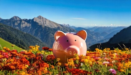 Whimsical Piggy Bank in a Floral Meadow &ndash; Nature&rsquo;s Beauty Meets Savings Concept