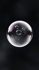 A floating soap bubble with tiny bubbles inside against a dark blurred background creating a dreamy effect

