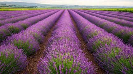 Obraz premium Lavender field in bloom. Rows of purple flowers stretching to the horizon. Serene landscape, agriculture, and natural beauty.