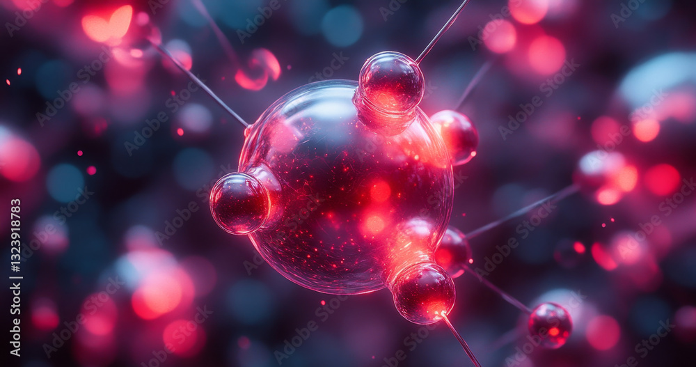 Poster Focusing on a luminous qubit surrounded by other particles, this depiction illustrates the concepts of entanglement and decoherence in quantum mechanics within a vibrant, abstract background.