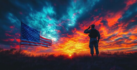 Saluting Soldier Silhouette American Flag Thin Blue Line Sunset Honor Patriotism Memorial Day Police Week