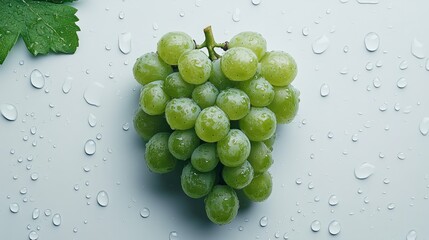 A single bunch of fresh green grapes isolated on a white background, with dew drops on the surface