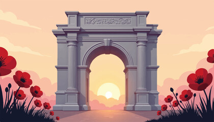 Fototapeta premium Archway at sunset with poppies in foreground