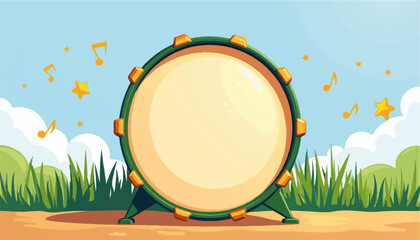 Cartoon drum with musical notes in sunny grassland