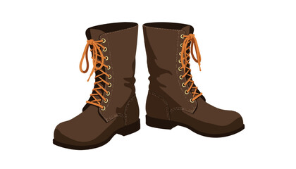 Brown lace-up boots with orange laces on white background