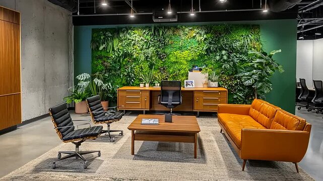 Modern office space with greenery, seating, and a work desk for a collaborative environment.