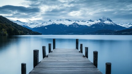 Serene Lake View with Wooden Pier and Snow-Capped Mountains