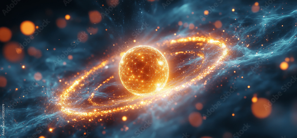 Poster A vibrant depiction of a quantum sphere surrounded by glowing rings symbolizes quantum superposition and entanglement. This visual represents the cutting-edge advancements in computing technology.